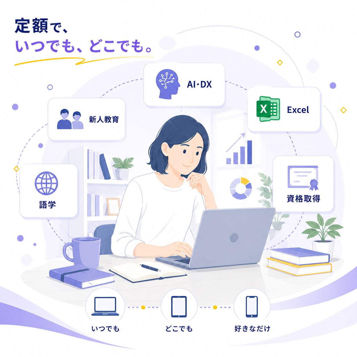 オンデマンド研修を受講する社員のイラスト